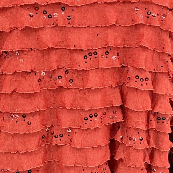 Slinky Brand Womens Top 1X Y2K Burnt Orange Sheer Mesh Sequins Ruffles Layers - Picture 2 of 7